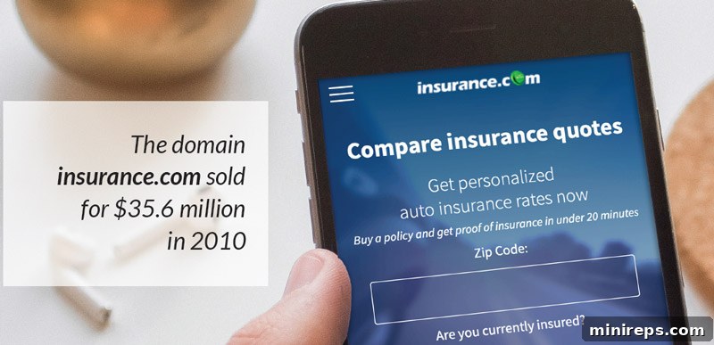 A visual representation of the Insurance.com website, symbolizing a high-value domain name.
