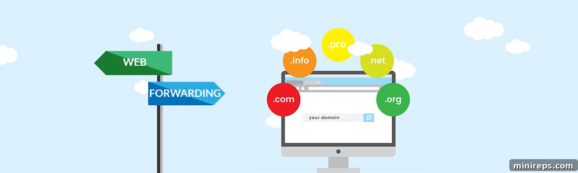 A person typing on a laptop with multiple domain names pointing to a single website illustrated on screen, symbolizing web forwarding and domain redirection.