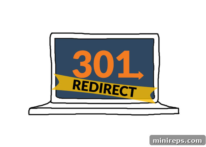 An illustration showing an HTTP 301 redirect, where an old URL permanently points to a new URL, and the browser address bar updates to the new URL.