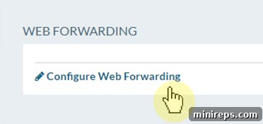 Screenshot of the domain management page, with the 'Web Forwarding' section and 'Configure Web Forwarding' button highlighted.
