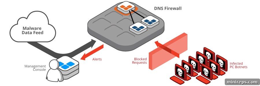 A diagram illustrating how a DNS firewall intercepts and filters malicious traffic by comparing DNS requests against threat intelligence databases.