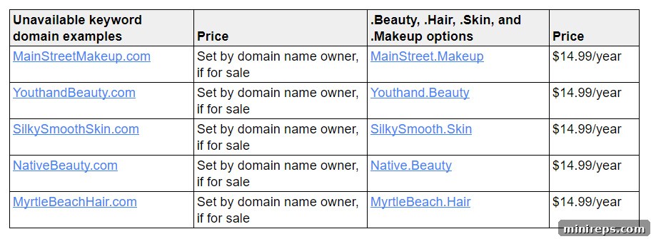 2021-02-19-11_52_23-Untitled-spreadsheet---Google-Sheets Comparison chart showing .beauty, .hair, .skin, .makeup domains versus traditional .com domains.