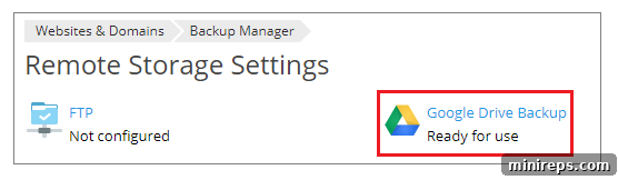 Plesk interface showing remote storage settings with Google Drive option