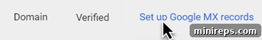 Screenshot showing the 'Set up Google MX records' option in the Google Workspace Admin console for a verified domain.