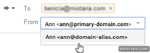 Screenshot illustrating the 'From' dropdown menu in Gmail, allowing a user to select their domain alias when composing an email.