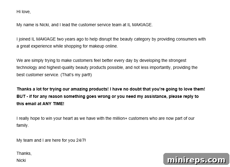 Personalized thank you email example for customers