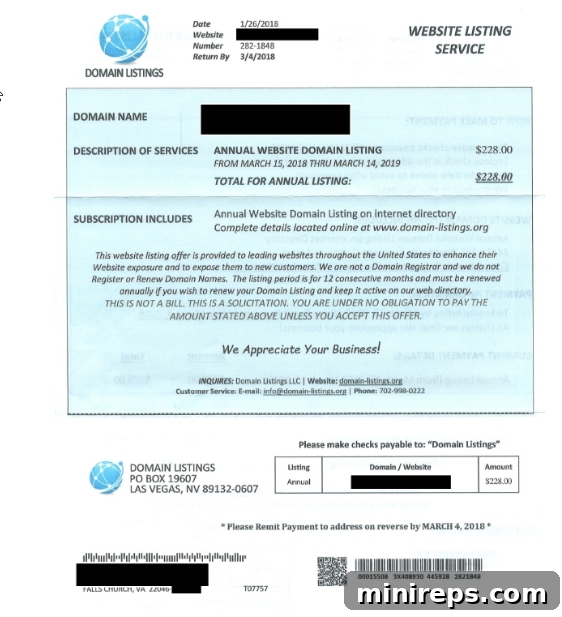 Domain-Listings Example of a fake domain renewal scam letter from Domain Listings LLC.
