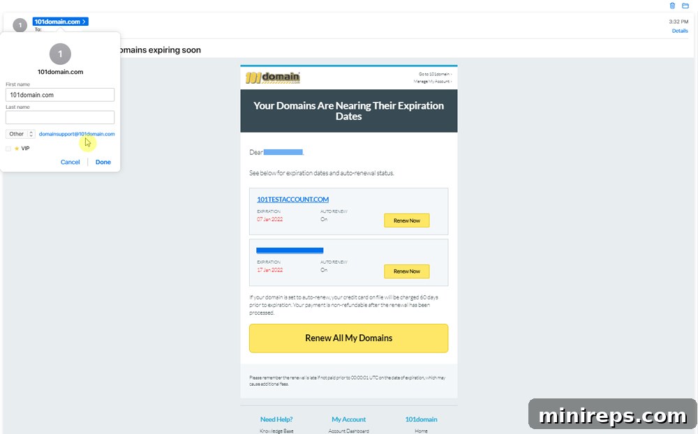 101-domain-renewal-email Example of a legitimate domain renewal email from 101domain.