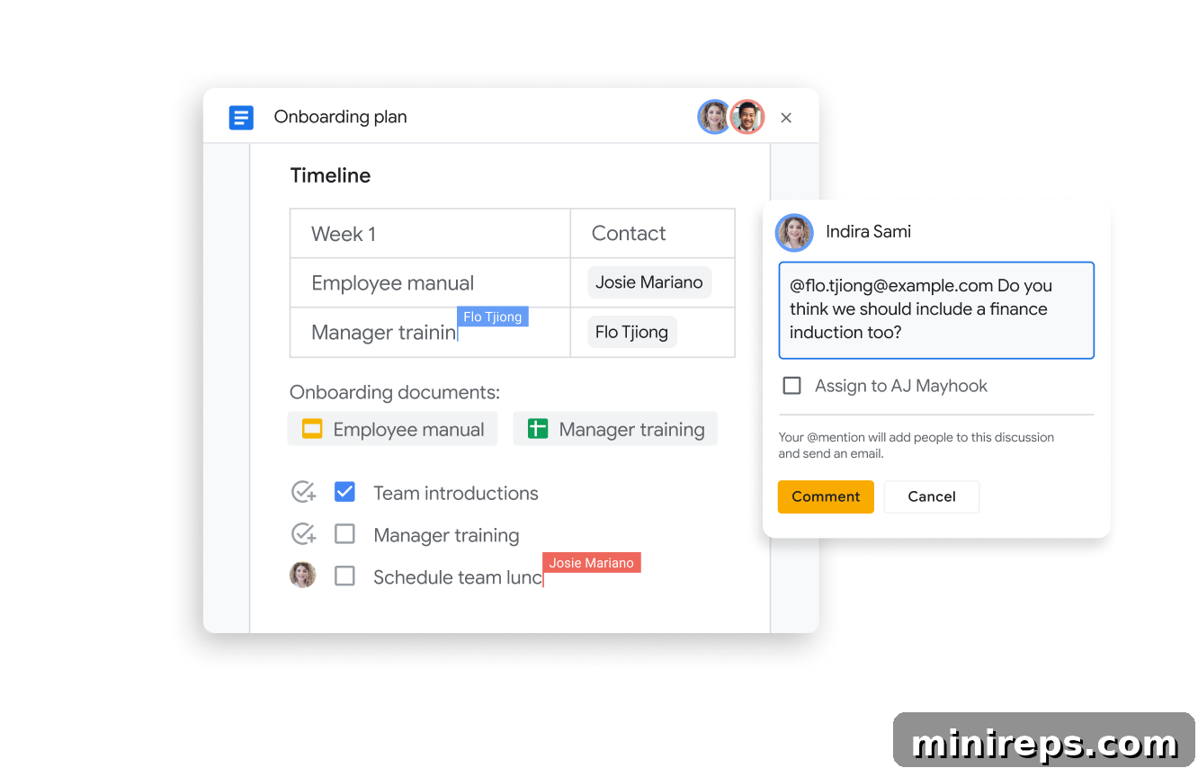 Team collaborating in real-time on a Google Doc with smart chips and comments