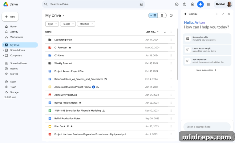 Google Gemini interface integrated into Google Drive search, providing intelligent assistance