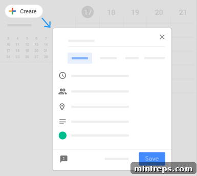 Interface for creating a new event in Google Calendar with fields for title, attendees, date, time, and description.