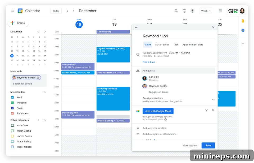 Google Calendar interface showing seamless integration with Google Meet, Keep, and Tasks in the sidebar.