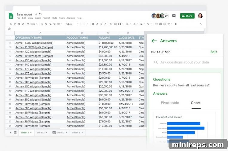 Google Sheets Explore feature showing AI-powered suggestions for charts and questions about data.