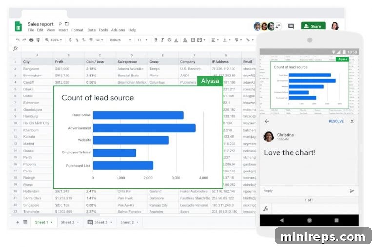 Multiple users collaborating in real-time on a Google Sheet, showing cursors and comments.