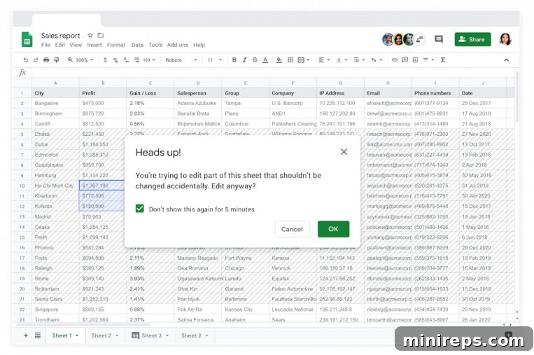 Google Sheets security settings showing options for managing permissions and preventing data loss.