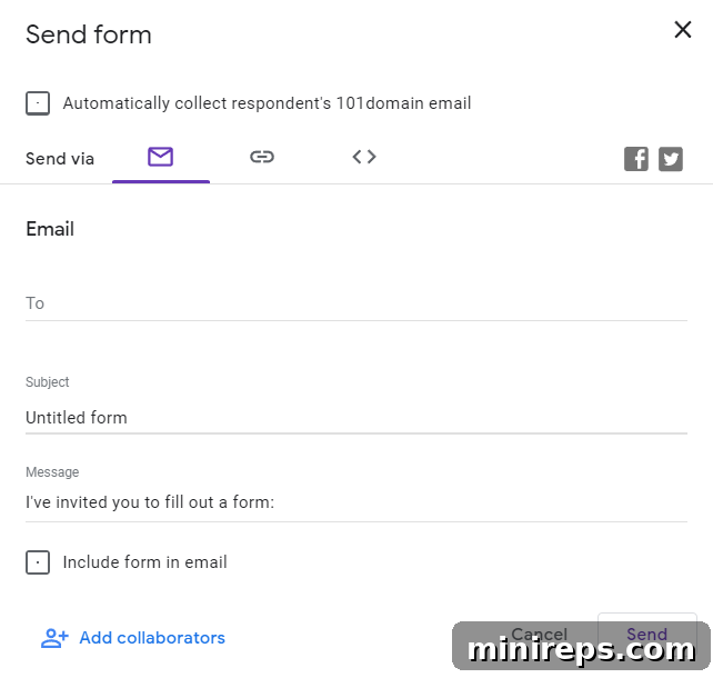 Share-Forms Screenshot showing Google Forms sharing options via link, email, and embed