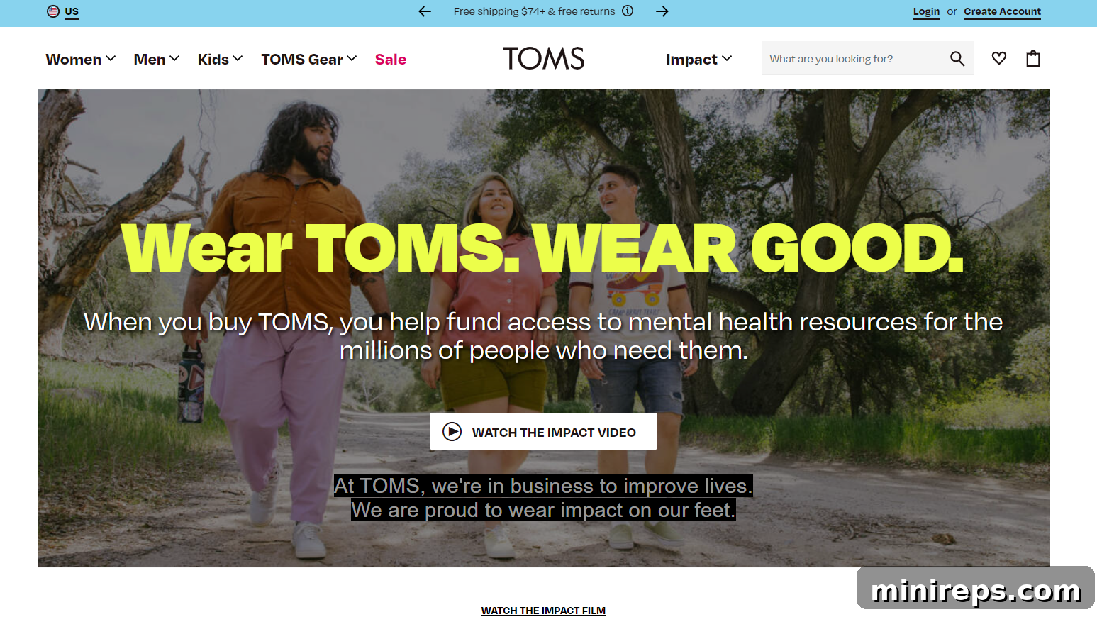 TOMS TOMS shoes logo with information about their evolved corporate social responsibility, now investing 1/3 of profits in mental health resources globally.