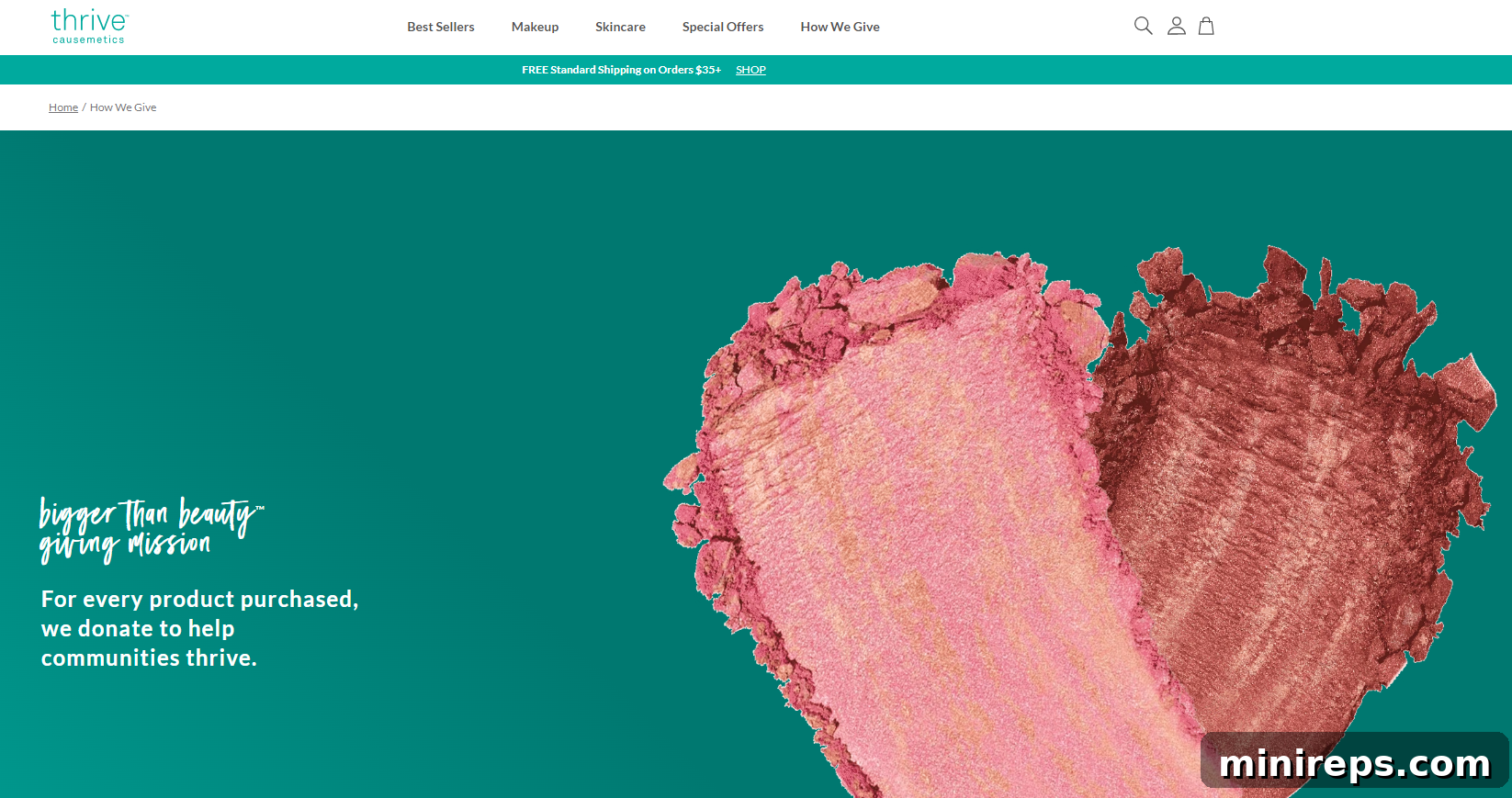 THRIVE Thrive Causemetics logo showcasing their charitable model: for every product purchased, they donate to women-focused causes like health, breast cancer, and domestic abuse.