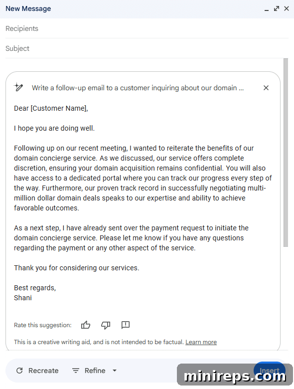 Gemini AI generated sales follow-up email