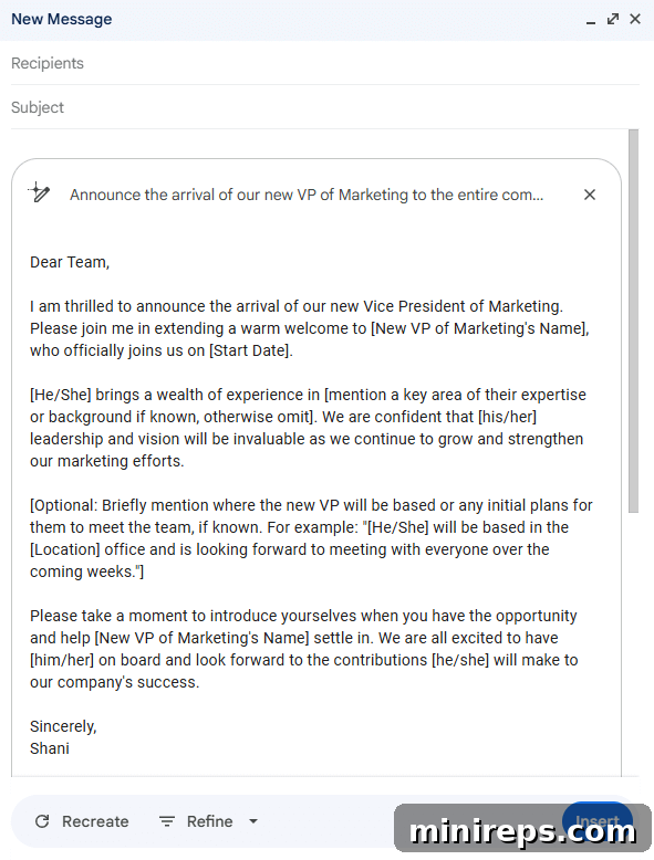 Gemini AI generated HR announcement email