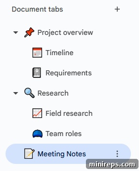 Gemini: The Evolution of Documents 11 Screenshot of Tabs and Headings for document organization in Google Docs.