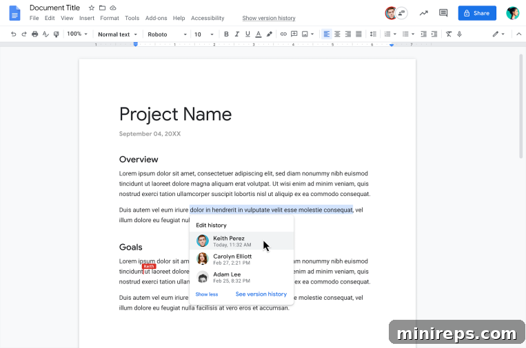 Gemini: The Evolution of Documents 12 Screenshot displaying Google Docs' Version History feature, showing different document versions.