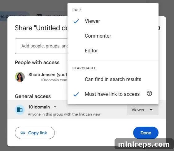 Gemini: The Evolution of Documents 14 Screenshot of Google Docs' sharing permissions interface.