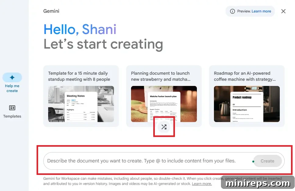 Gemini: The Evolution of Documents 3 Gemini's Help Me Create feature instantly generating a structured document from a user prompt.