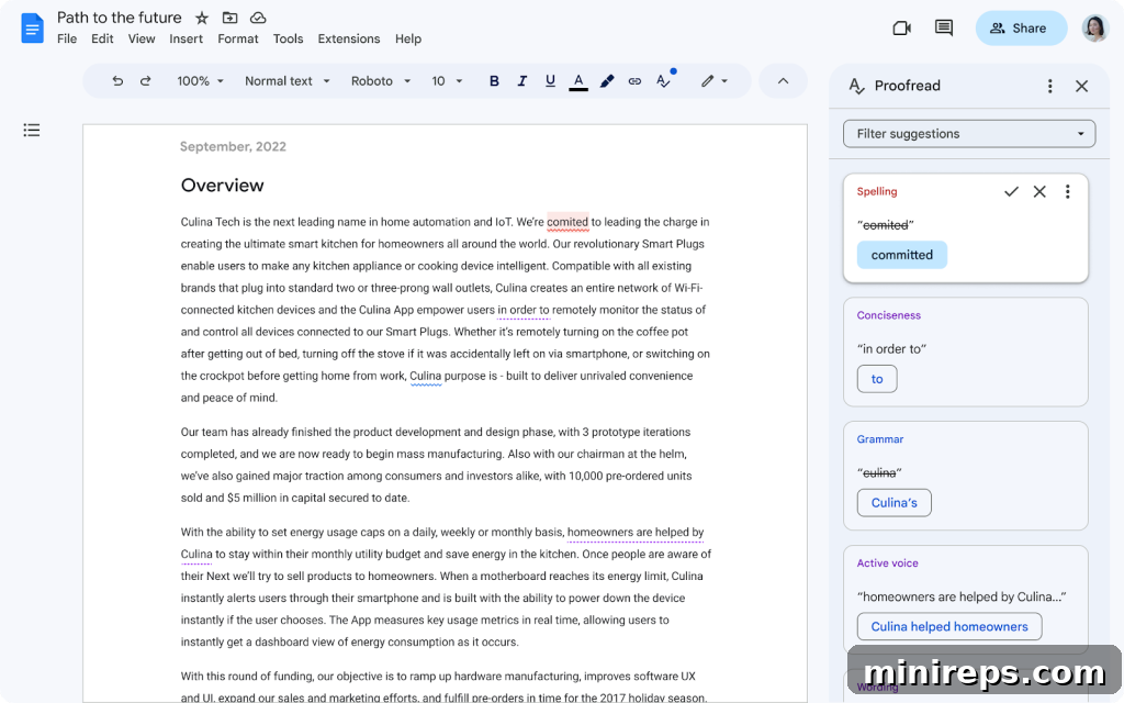 Gemini: The Evolution of Documents 6 Screenshot demonstrating Gemini's Proofread feature identifying areas for improvement in a document.