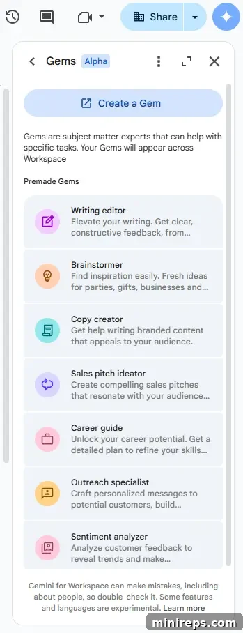Gemini: The Evolution of Documents 7 Screenshot illustrating the Gemini Gems feature with various AI personas available.
