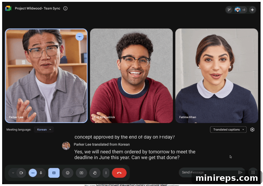Google Gemini live translated captions during a virtual meeting, showing different languages.