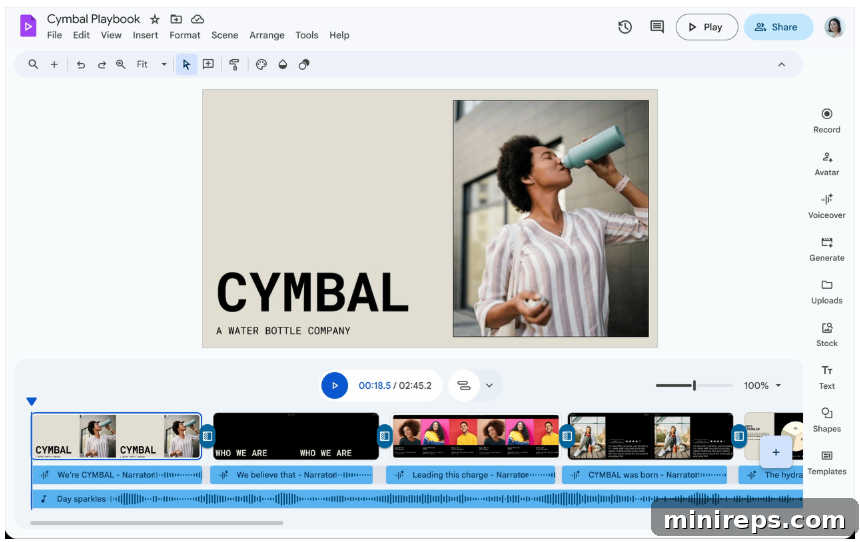 Google's Gemini AI feature Slides to Vids, showing a presentation being converted into a video.