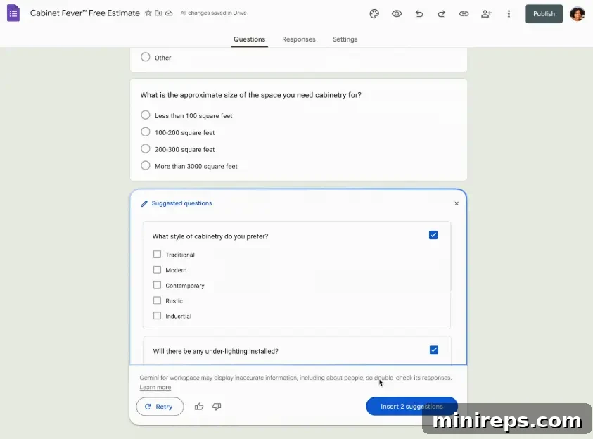 Elevate Your Surveys with Gemini in Google Forms 8 Gemini AI brainstorms questions in Google Forms, offering contextual suggestions