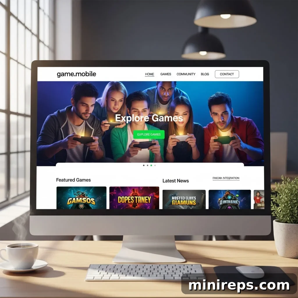 A mobile phone screen showcasing a vibrant mobile game, with 'game.mobile' as the domain name, representing a dedicated gaming site.