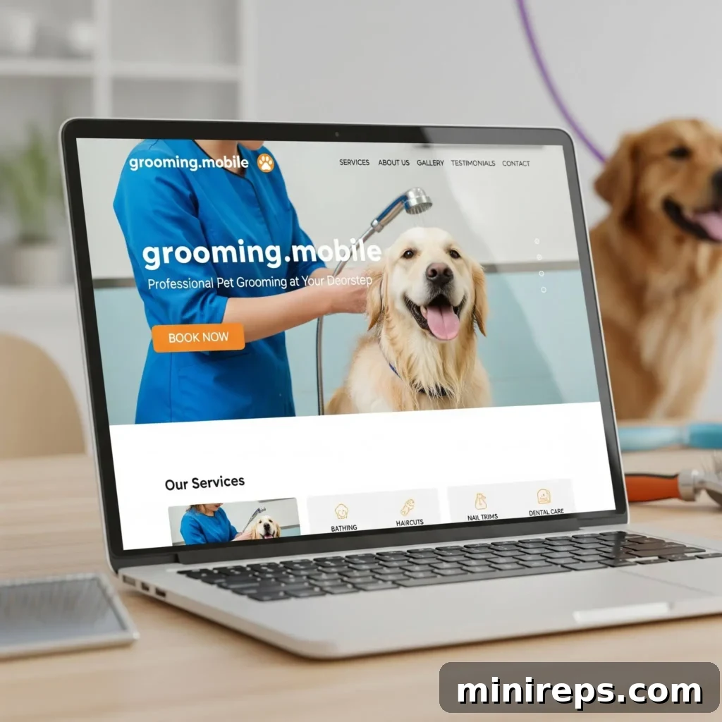 A mobile phone screen featuring grooming tools and the domain 'grooming.mobile', suggesting a mobile grooming service.
