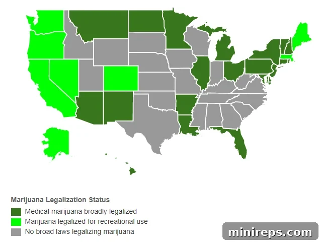 U.S. marijuana legalization status map, showing states with legal medical and recreational cannabis
